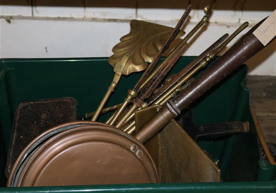 Victorian brass fender and fire implements, coal scuttle, warming pan and set of scales